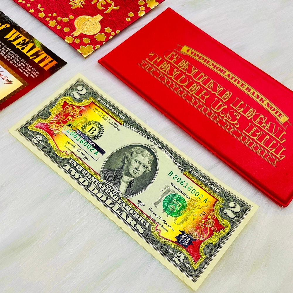[GIÁ SỈ] Bộ Tiền 2 USD Mạ Vàng Thần Tài làm quà tặng chiêu tài hút lộc siêu chuộng - bao da đỏ may mắn
