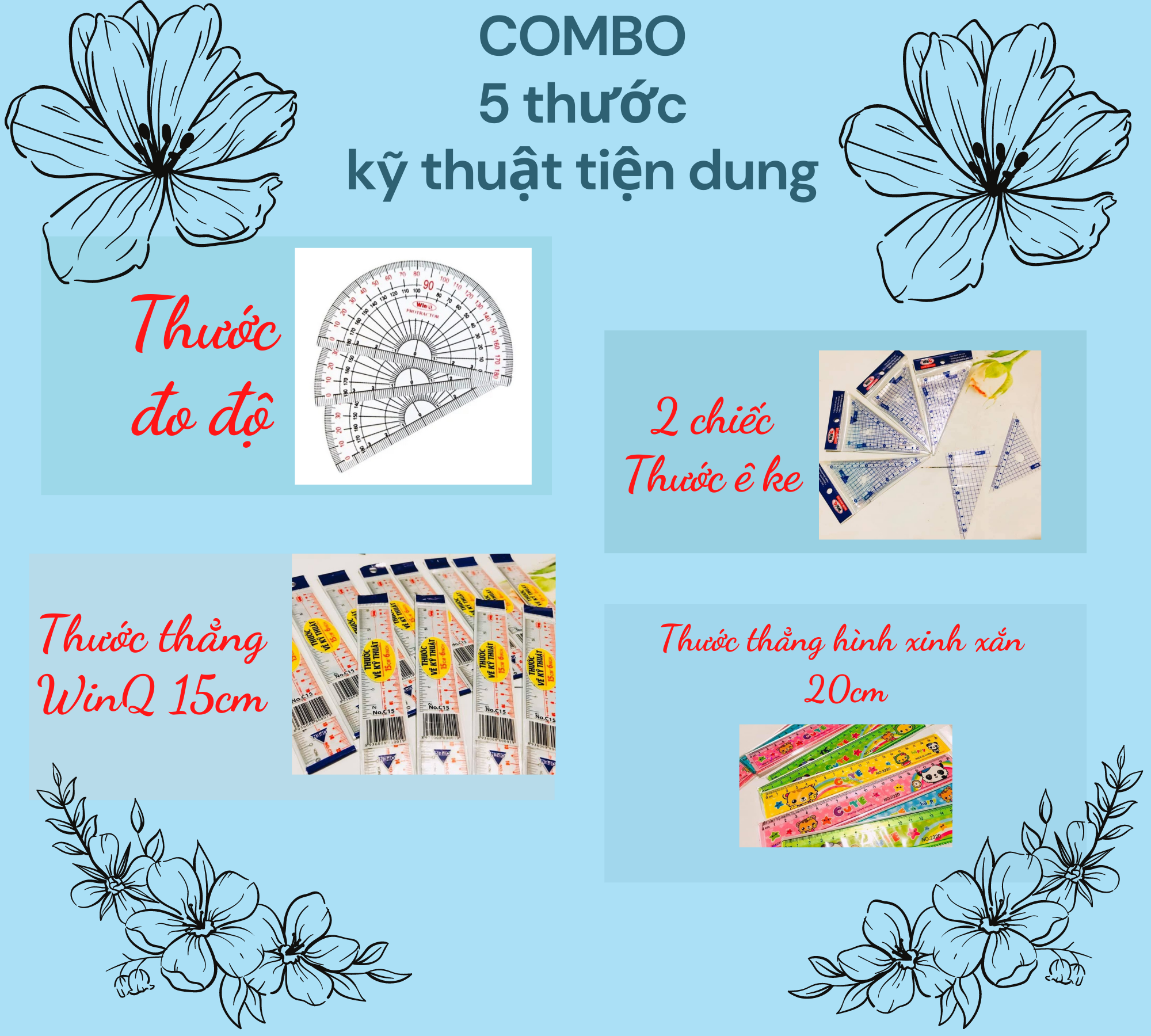 🌻 Set 5 thước đo kỹ thuật, thước thẳng, ê ke, đo độ