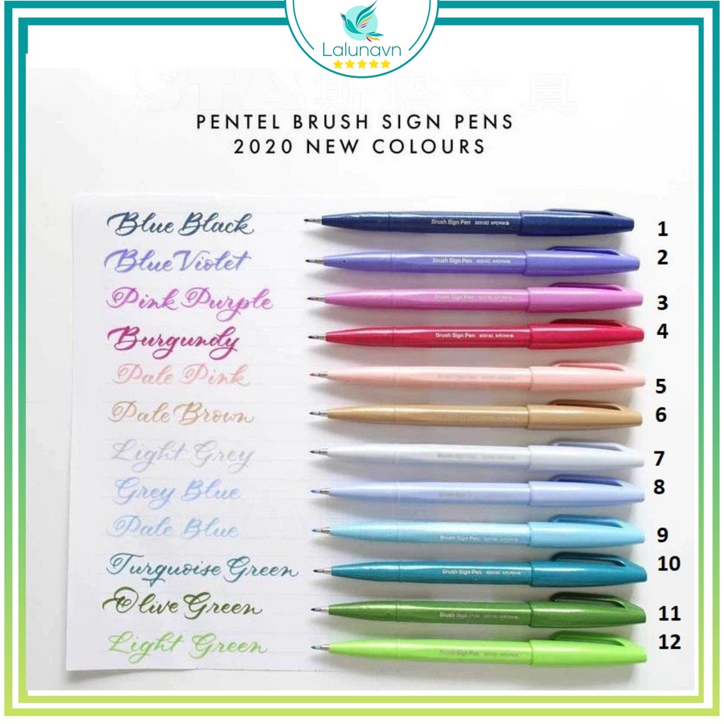 Lalunavn Bút viết thư pháp PENTEL Sign brush pen, fude touch 12 màu mới
