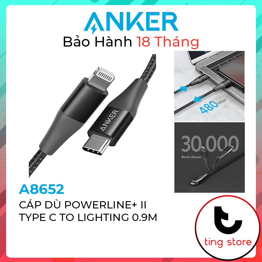Cáp dù anker powerline+ ii type c to lightning sạc nhanh iphone ipad mfi - a8652 chính hãng 0.9m