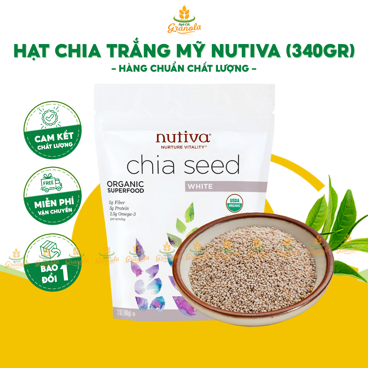 Hạt chia mỹ nutiva trắng 340gr chuẩn organic giàu chất xơ/canxi/ omega3 -