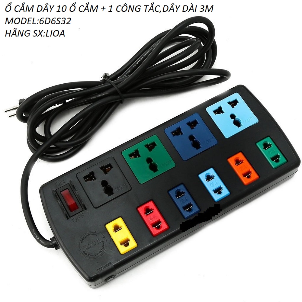 Ổ cắm điện 10 lổ cắm lioa,ổ cắm dây đa năng 4d6s32