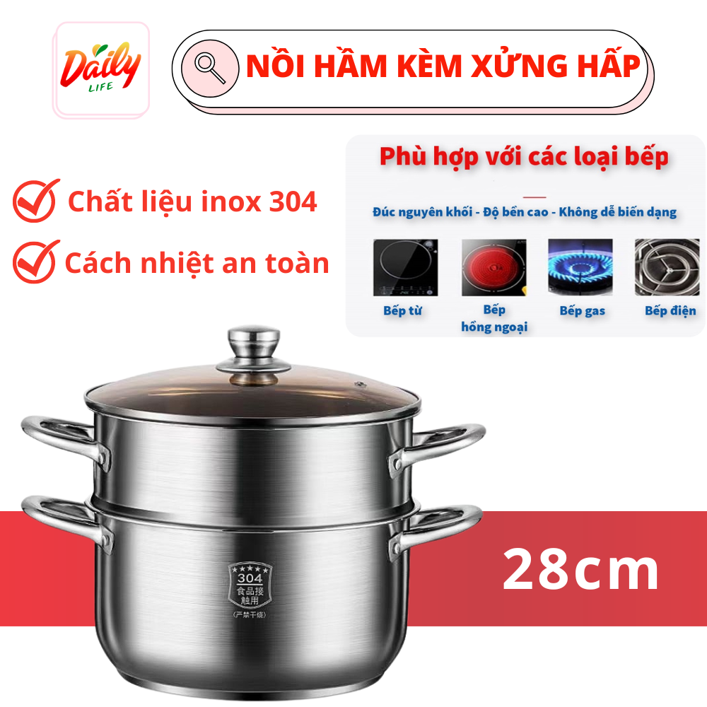 Nồi hầm, Nồi hấp đa năng, nồi hấp 2 tầng kèm xửng hấp có thể tháo rời, nồi hầm 28cm dùng được tất cả loại bếp