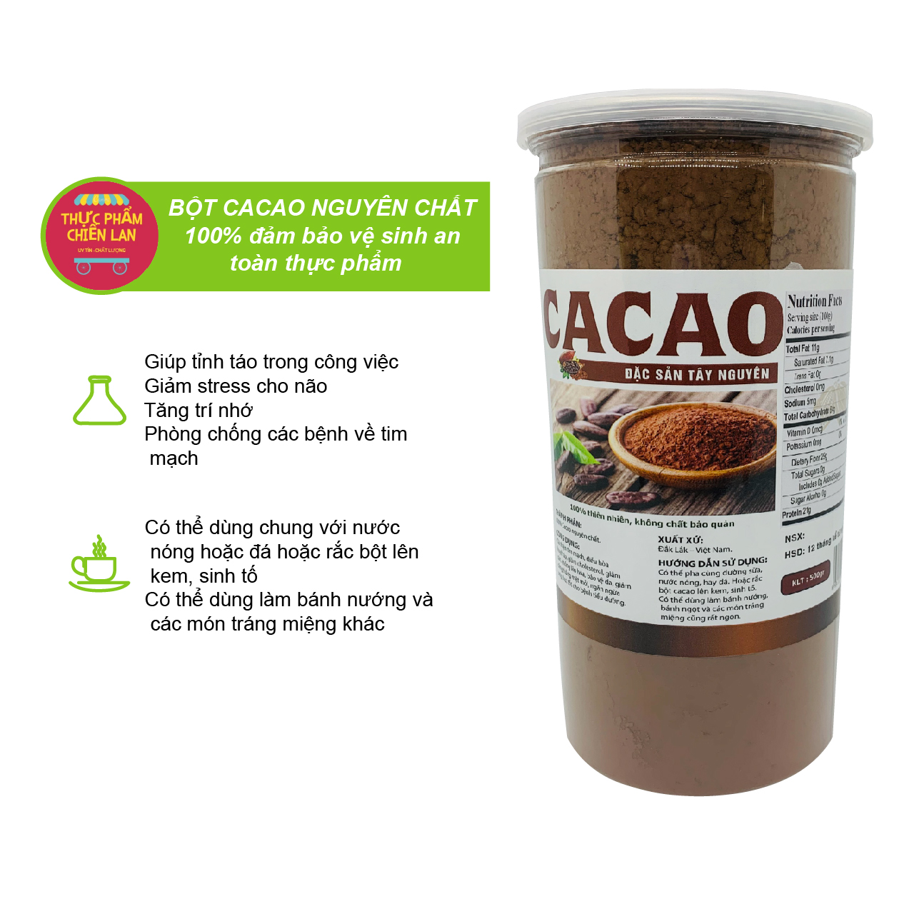 Bột Cacao Nguyên Chất, Giảm Cân, Đẹp Da, Tốt Cho Sức Khẻo hộp 500g