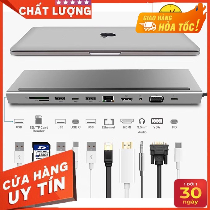 Hub usb type-c 11in1 đa chức năng hdmi/ vga/ rj45/ pd/ usb/ tf/ sd - uth111160