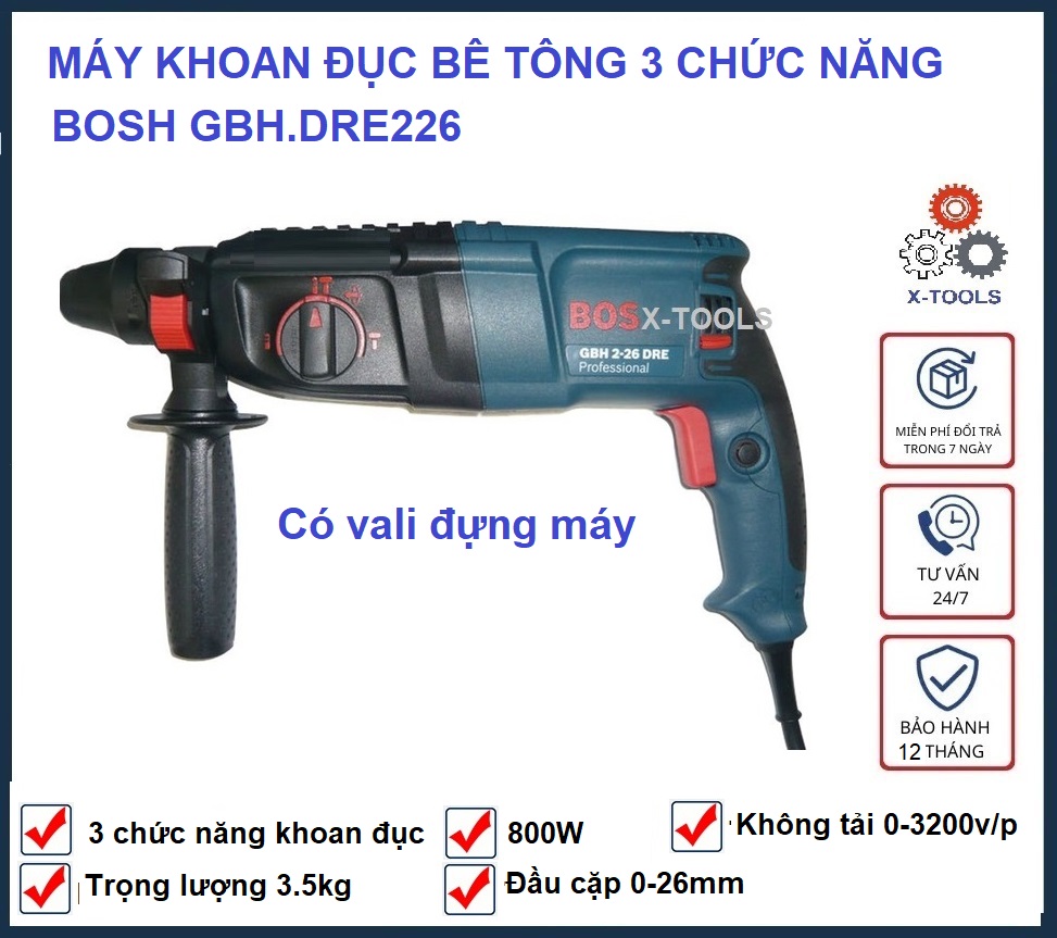Vali máy khoan đục bê tông 3 chế độ BOS GBH-DRE226 ruột đồng nguyên bảo hành 12 tháng tặng kèm mũi khoan, Máy khoan bê tông điện, khoan đục bê tông cầm tay đầu 26ly