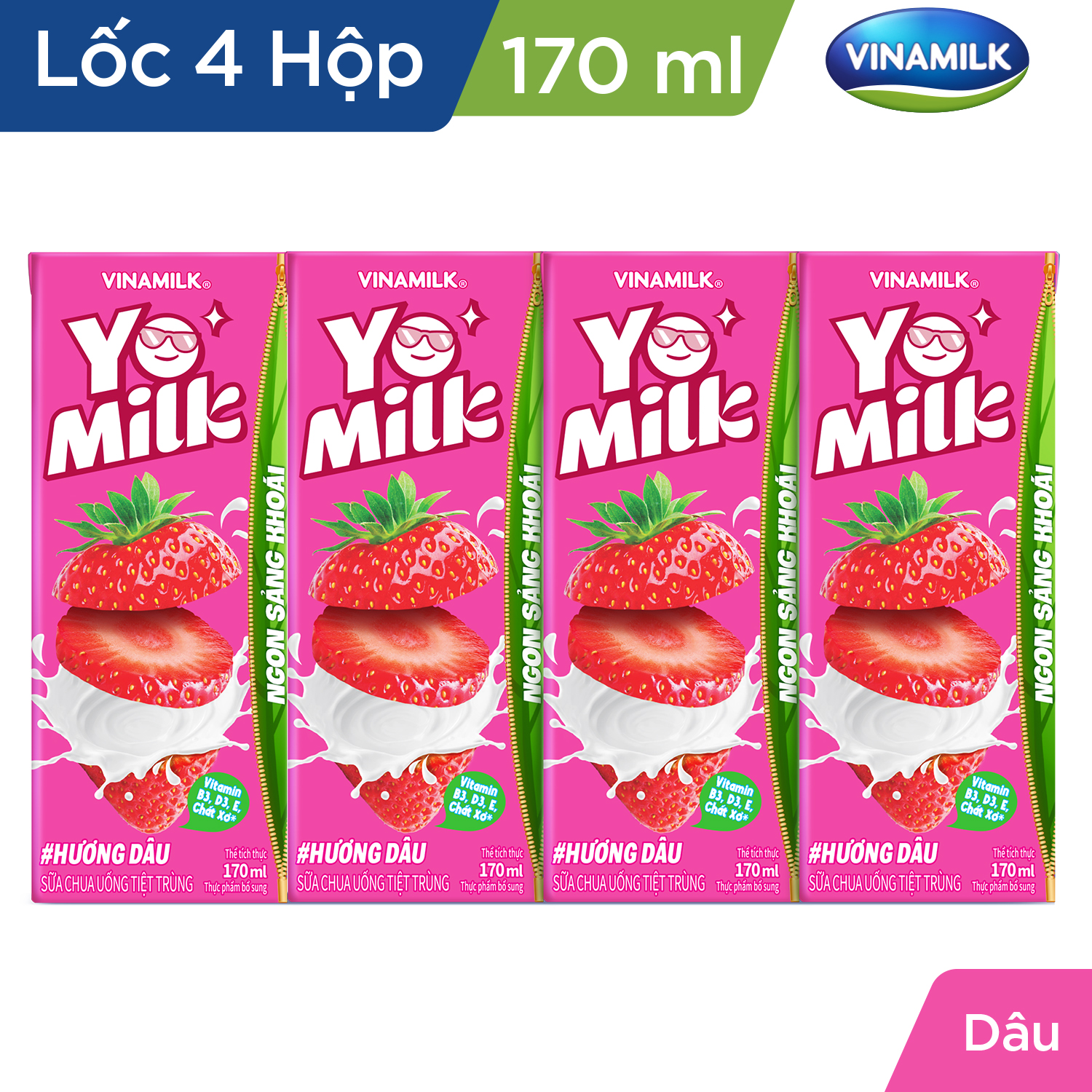 Sữa chua uống hương dâu Vinamilk Yomilk - Lốc 4 hộp 170ml