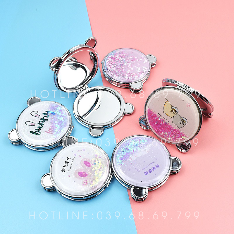 Gương Mini Cầm Tay Tai thỏ 2 Mặt Nhũ Kim Tuyến Bỏ Túi Xách Dễ Thương Cute - Siêu rẻ