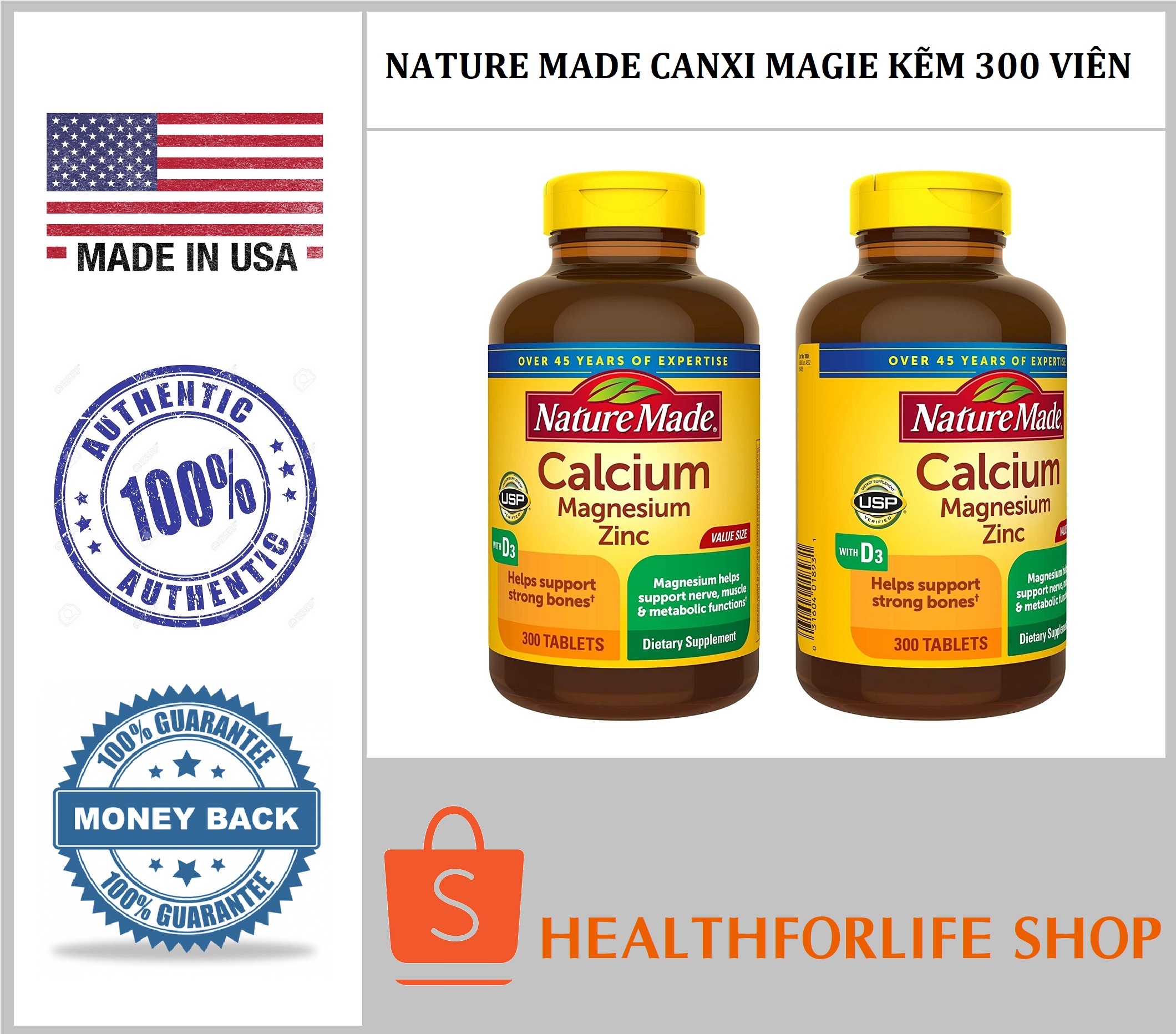 Nature Made Canxi Magie Kẽm với Vitamin D3 300 viên cho sức khỏe xương khớp