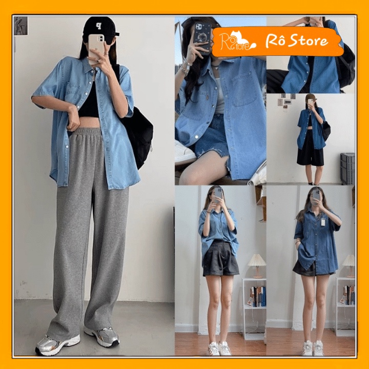 Áo sơ mi bò cộc tay form rộng 2 túi ngực phong cách Ulzzang chất jean mềm mịn Rô Store SM18