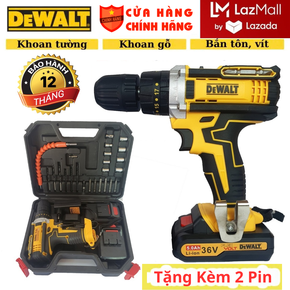 (LazMall-DEWALT) LazFlash GIẢM SỐC 50% DEWALT® Power Tools Chính Hãng Máy Khoan Dùng Pin -Máy Khoan Pin Dewalt 36V Lõi Đồng 100% ·Máy Khoan Sắt ·‎Máy Khoan Bê Tông · Máy Khoan Động Lực Tường ,Thép ,Gỗ -Máy Bắt Vít .Tặng 2 PIN + Bộ 24 Phụ Kiện