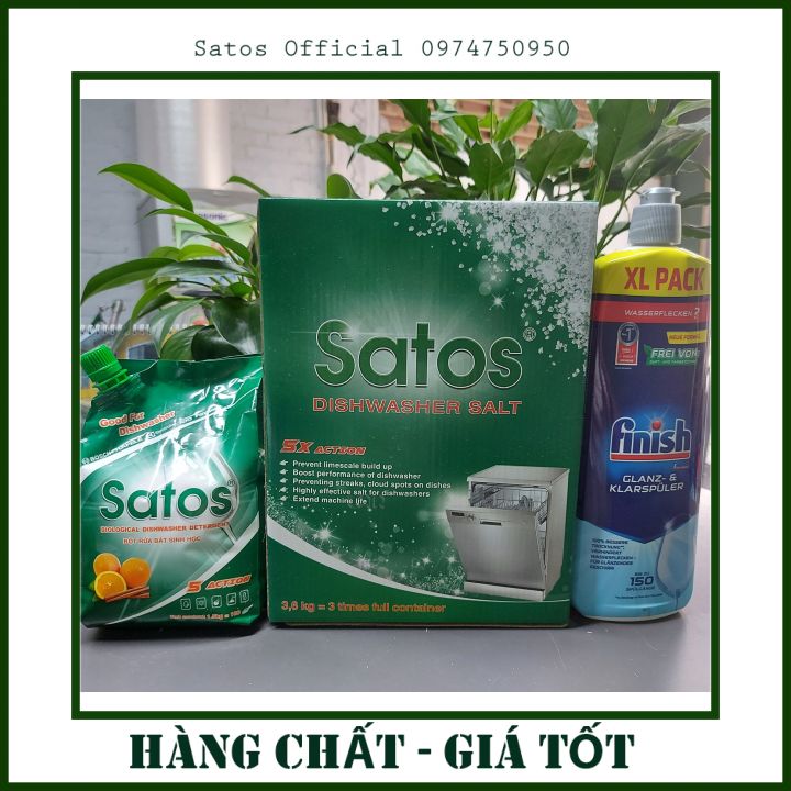 Combo bột rửa bát sinh học Satos + muối Satos 1.5kg + nước làm bóng Finish 750ml