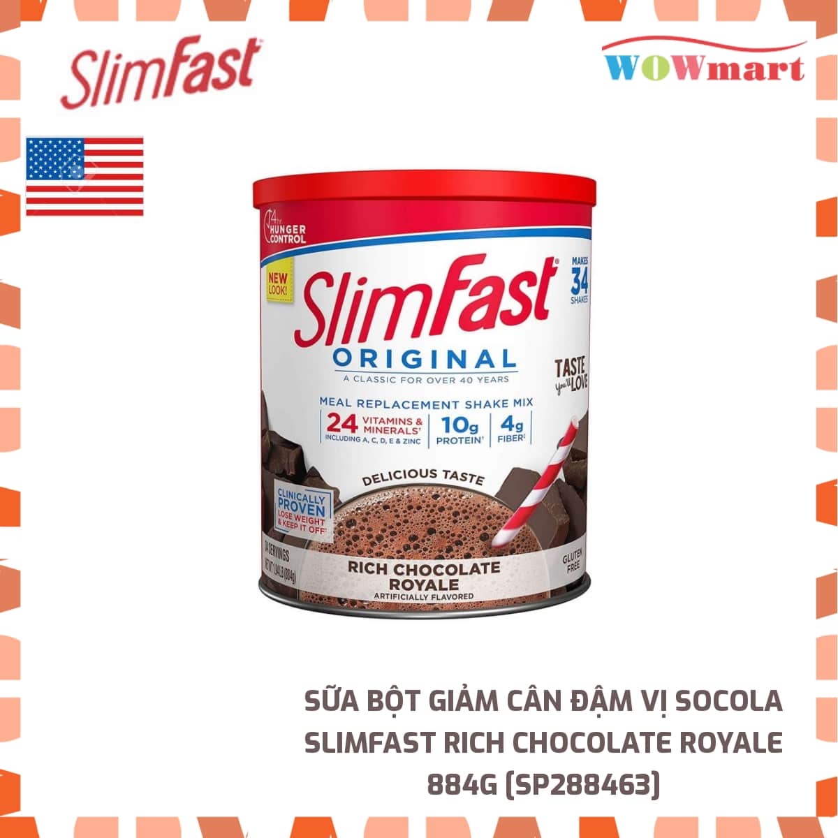 Sữa bột giảm cân đậm vị socola Slimfast Rich Chocolate Royale 884g -