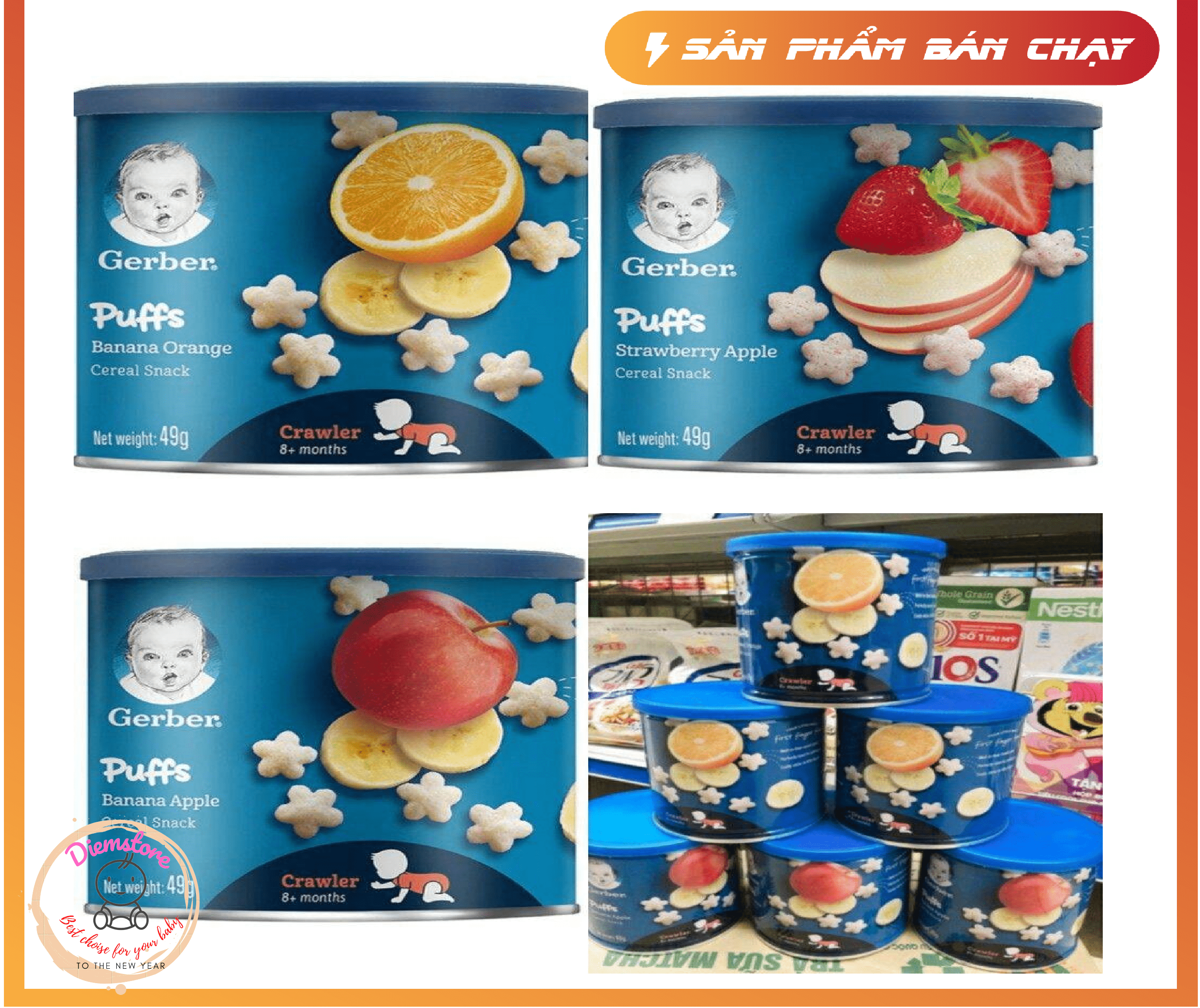 Bánh ăn dặm gerber lùn Puffs vị ngọt hộp 49gr