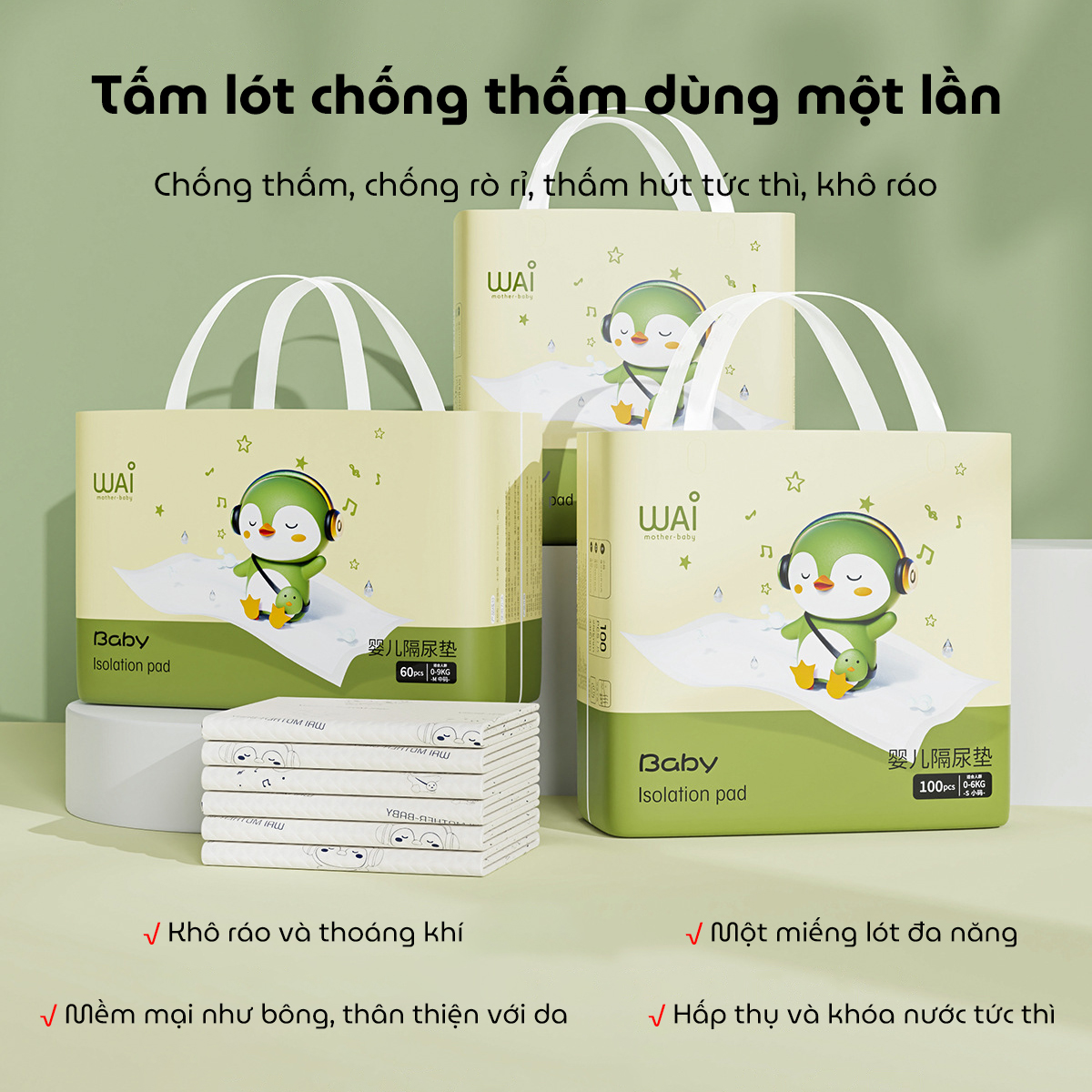 Tấm lót chống thấm thay tã bỉm WAI miếng lót chống thấm dùng 1 lần, miếng lót sơ sinh cho bé