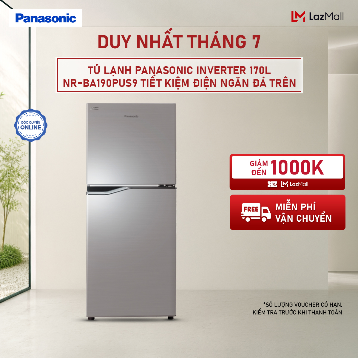 Tủ lạnh Panasonic Inverter 170L NR-BA190PUS9 Tiết kiệm điện Ngăn đá trên