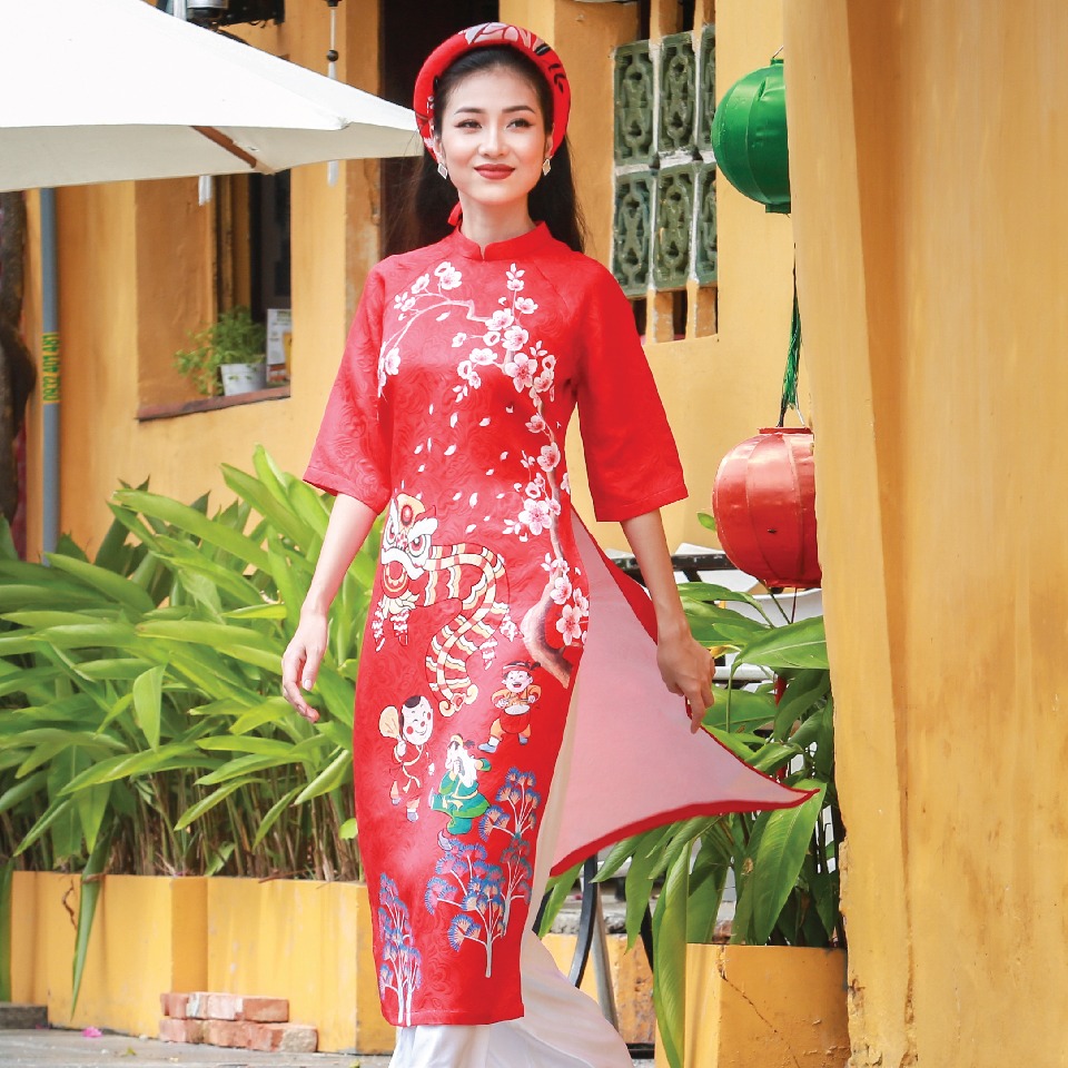 Áo Dài Gấm Đỏ Bừng Sắc Xuân F2 AD14