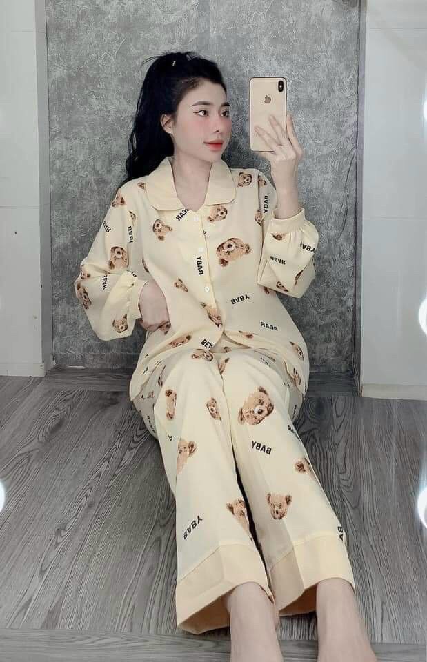 Xả kho bộ đồ ngủ pijama gấu tay dài quần dài chất kate thái mát mịn