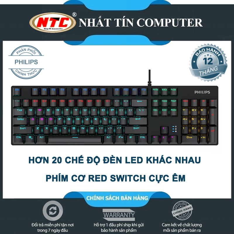 Bàn phím cơ Red Switch PHILIPS SPK8404GR bấm cực nhẹ và êm tích hợp led Rainbow - hơn 20 kiểu led khác nhau (Đen) - Nhất Tín Computer