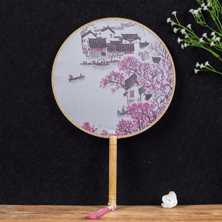 Quạt tròn cầm tay cổ trang lụa trong trúc liễu đào nhà cổ gắn dây tuyến cosplay cổ trang trung quốc cổ đại