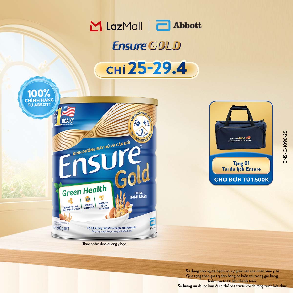 CHỈ 25-29.04 QUÀ TẶNG CHO ĐH 1500K-SLCH] Lon sữa bột Ensure Gold Green Health 800g (New)