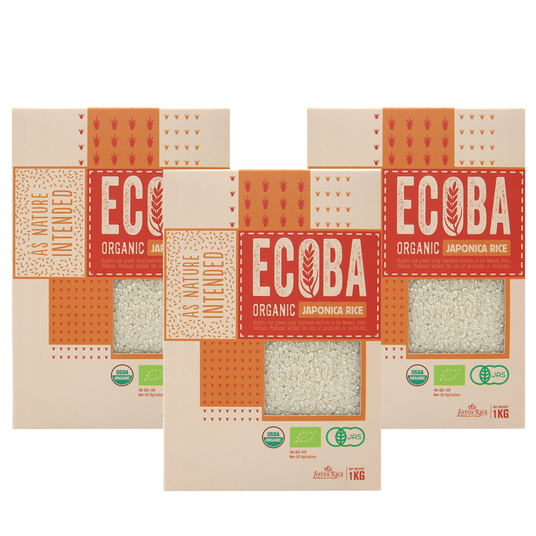 Combo 3 hộp Gạo Nhật nấu cháo cho bé 100% hữu cơ - ECOBA Sakura 1kg - Thơm mềm dẻo ngọt -  Đạt chứng nhận hữu cơ quốc tế in trên hộp (tổng 3kg)