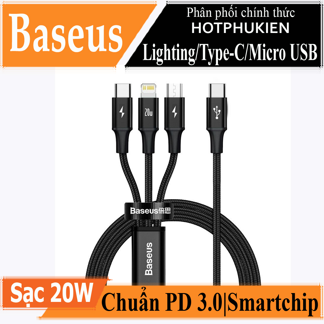 Dây cáp sạc nhanh 20W 3 in 1 Type-C to Lightning / Type C / Micro USB chuẩn PD 3.0 hiệu Baseus Rapid Series 3-in-1 (hỗ trợ sạc nhanh 3.5A, truyền dữ liệu 480Mbps) (bảo hành 3 tháng 1 đổi 1) - Phân phối bởi Hotphukien