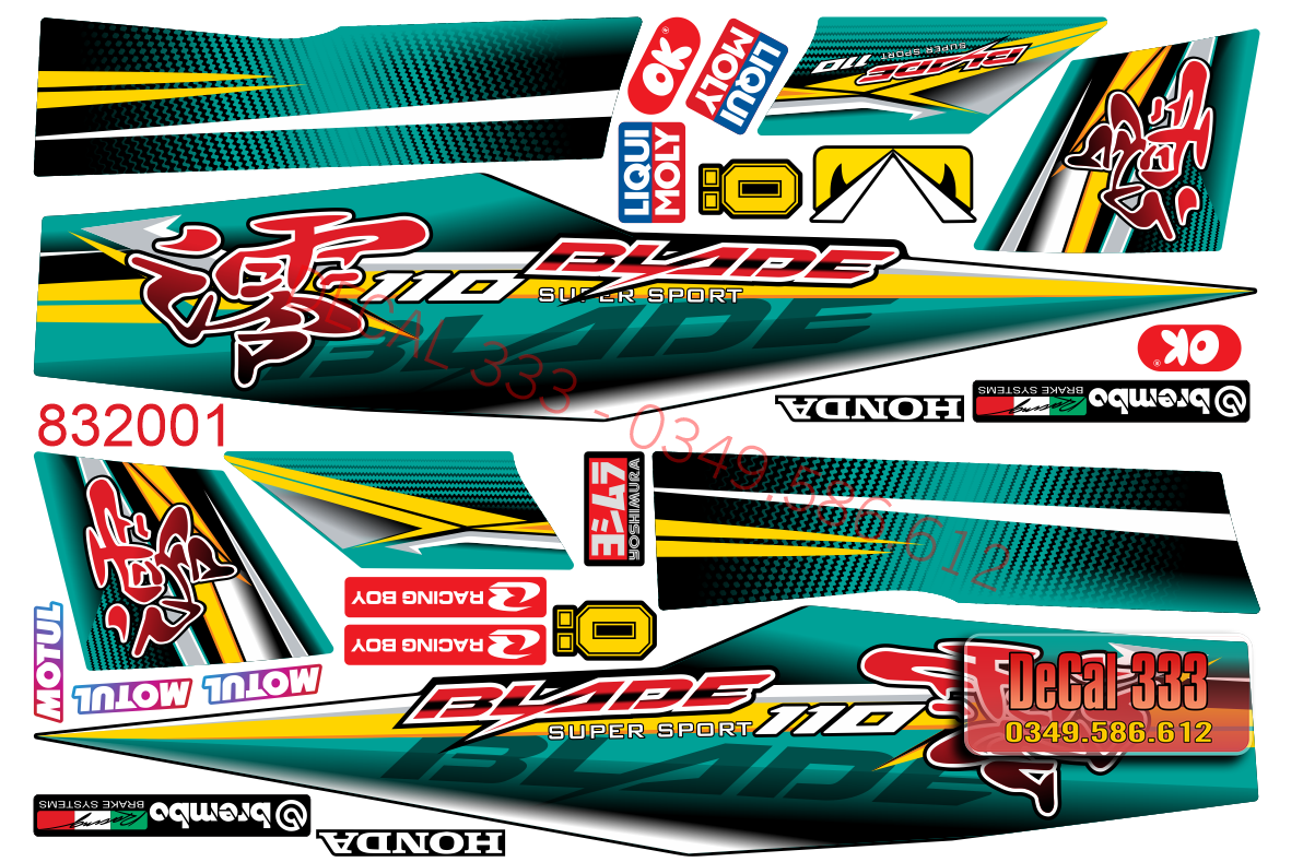 Tem Rời HONDA BLADE chữ Tàu XANH LỤC mã 832001 (Tem chế 3 lớp chống phai màu)