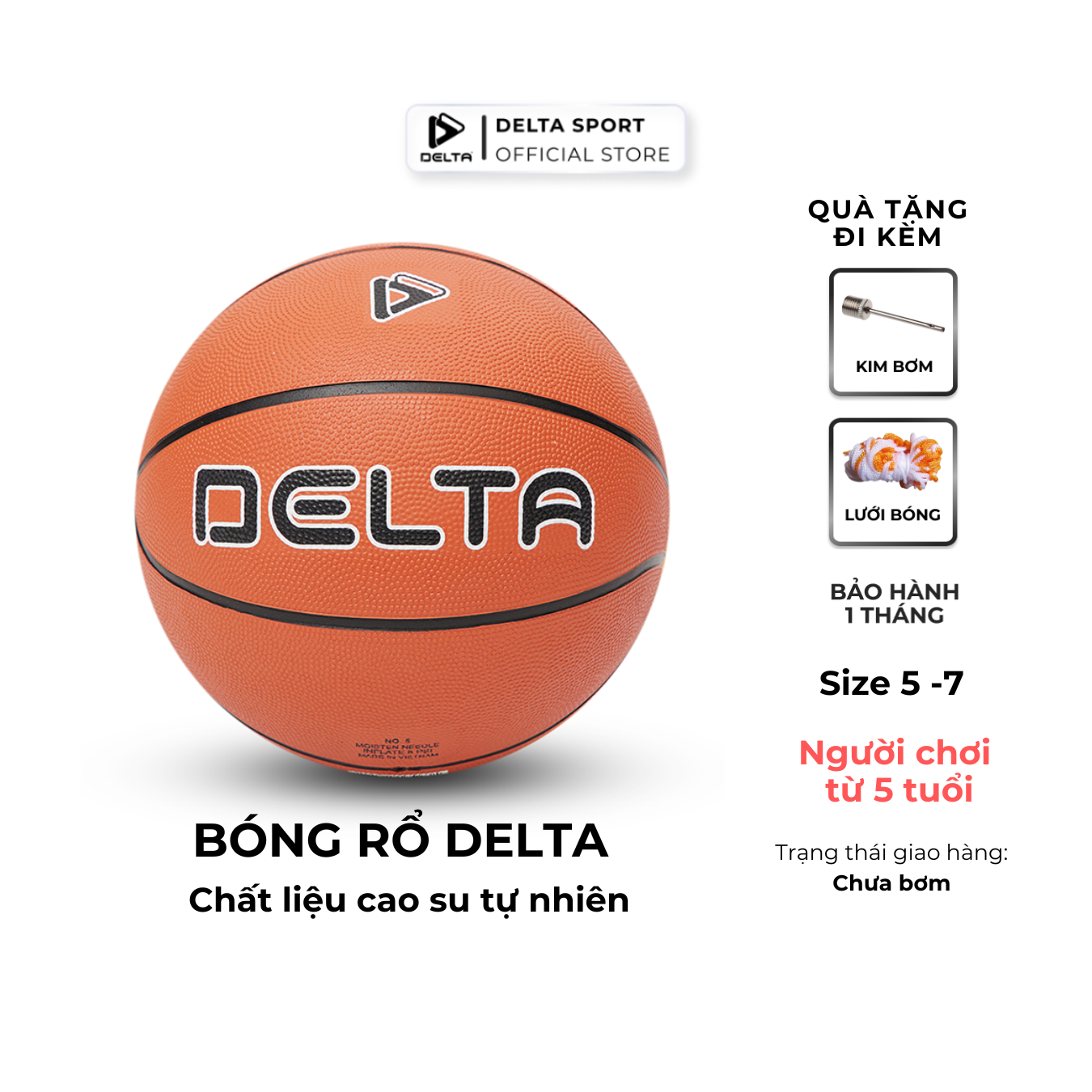 Bóng Rổ DELTA Size 5, 6,7 Cao Su Màu Cam Chơi Sân Trong Nhà, Ngoài Trời Cho Bé Từ 5 Tuổi DELTABR01