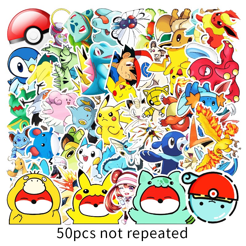Set 50 sticker hình Pokemon cho bé, hình dán đẹp chống thấm nước, bóc dán dễ dàng, hình dán dễ thương, 50 miếng decal không trùng lặp
