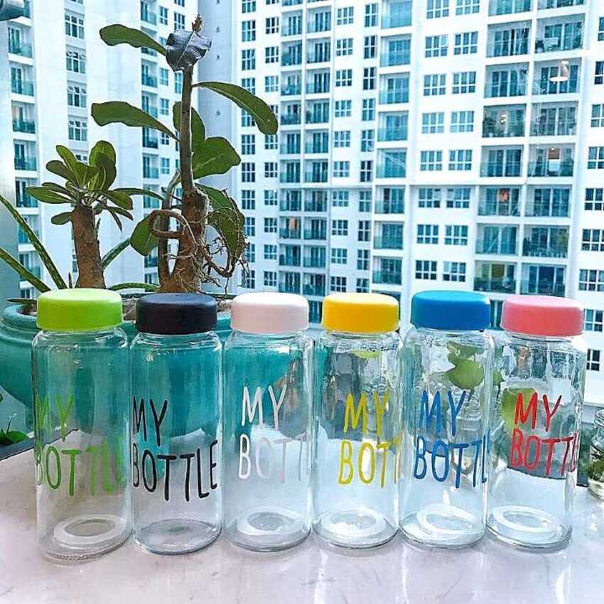 Bình Thủy Tinh Đựng Nước 500ML My Bottle (combo 6 cái khác nhau màu ngẫu nhiên) nắp nhựa theo chai kèm cao su chống rỉ - Chai Nước Thuỷ Tinh