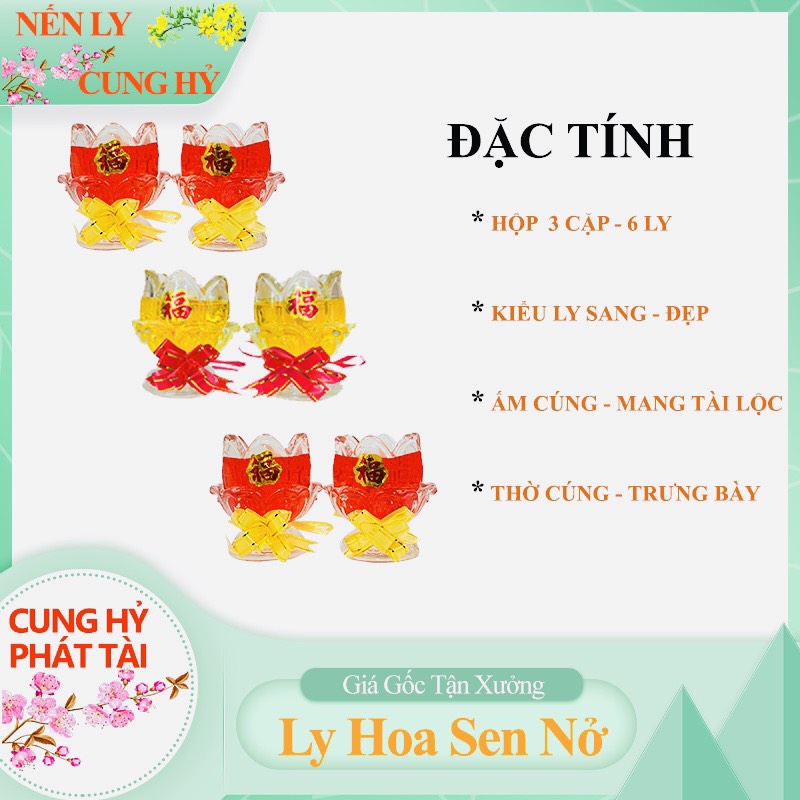 Đèn cầy ly hoa sen nở cao 9cm hộp 6 ly vàng đỏ sang trọng nến ly cung hỷ