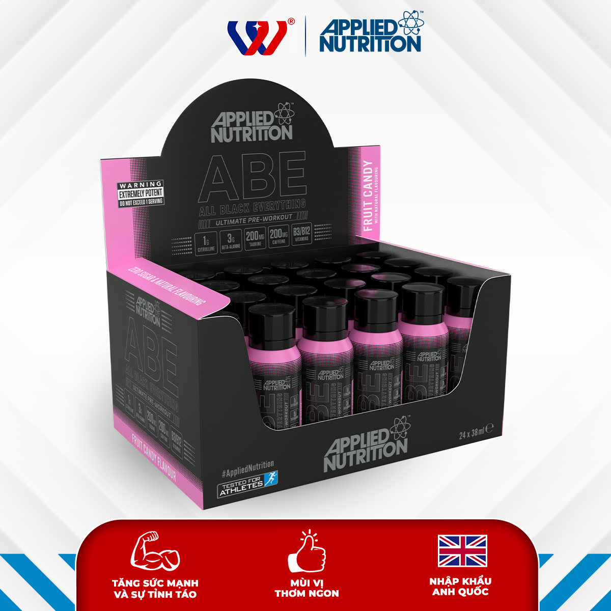 Hộp 24 ống nước uống tăng lực ABE Applied Nutrition tăng sức bền hỗ trợ vận động