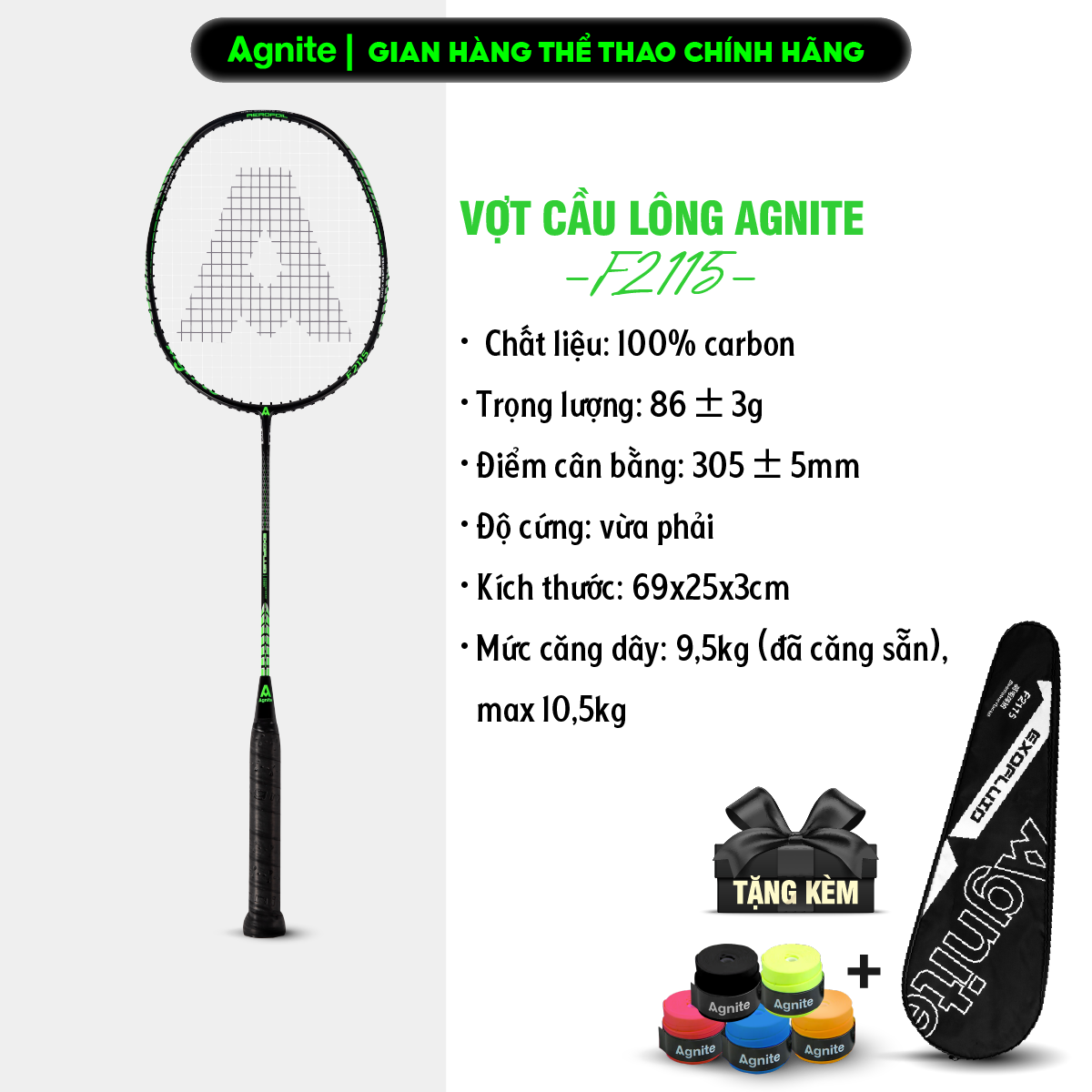 1 chiếc vợt cầu lông cao cấp Agnite chính hãng - khung carbon siêu bền, nhẹ, đẹp - tặng kèm túi đựng