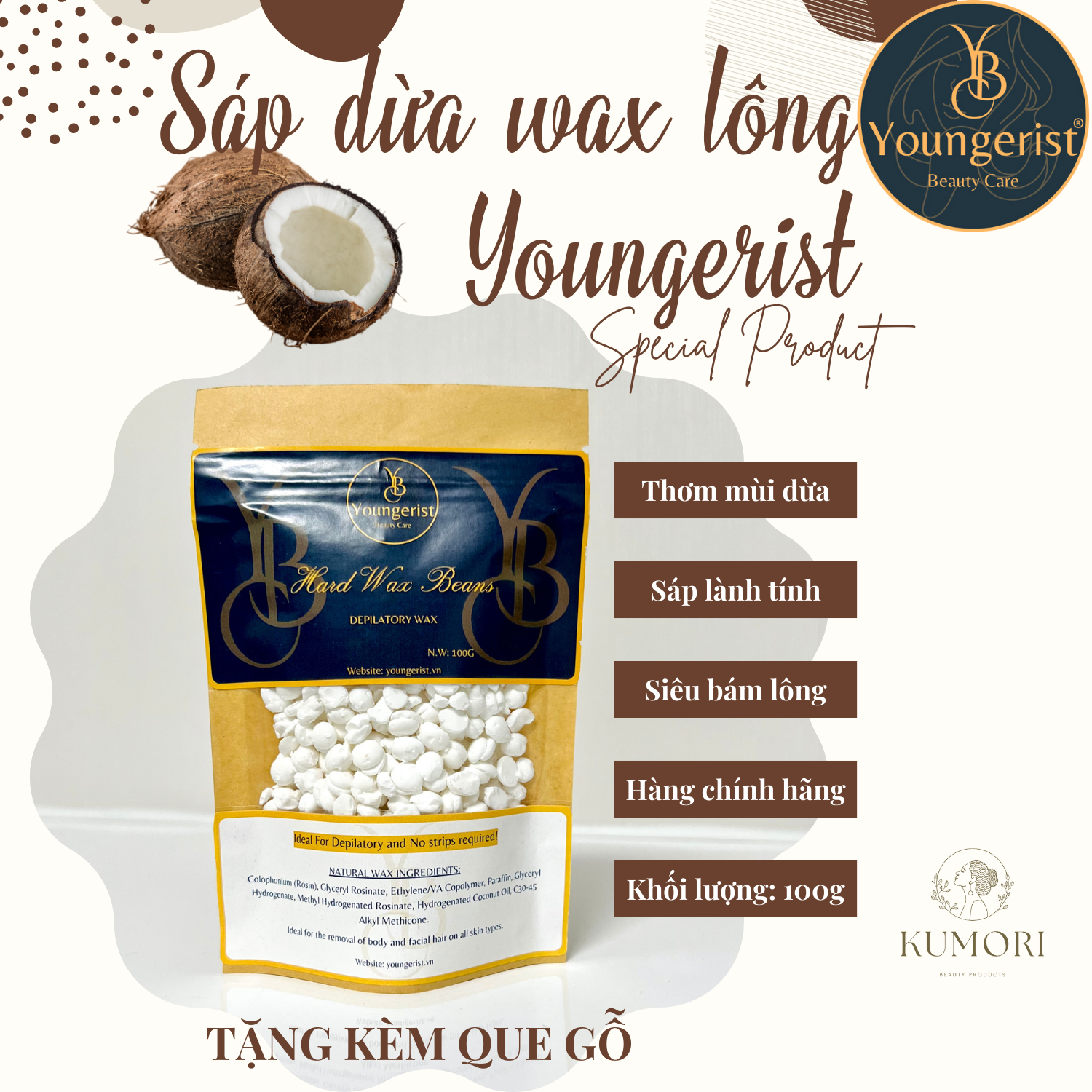  SÁP WAX LÔNG MÙI DỪA SIÊU BÁM LÔNG YOUNGERIST hạt wax lông cao cấp hard wax beans chuyên nghiệp waxing thơm tẩy lông nách tay chân lưng bikini vùng kín chính hãng 
