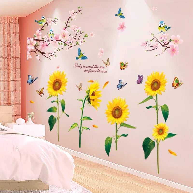 Combo 2 tấm decal trang trí hoa hướng dương và hoa đào hồng