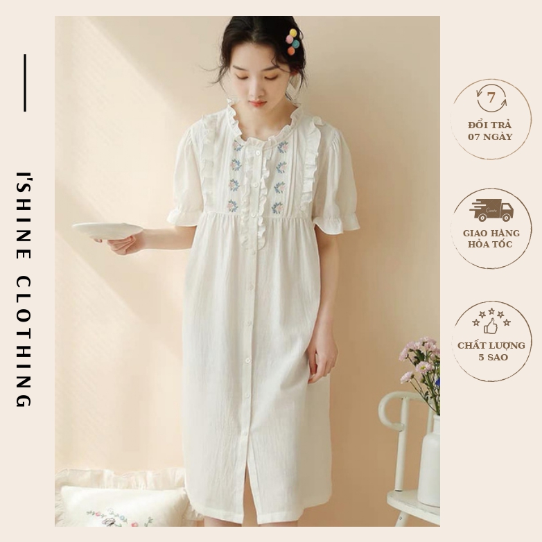 Váy đầm nữ cộc tay phối thêu hoa cao cấp phom xuông giấu dáng, đầm ngủ xô muslin mặc nhà m23