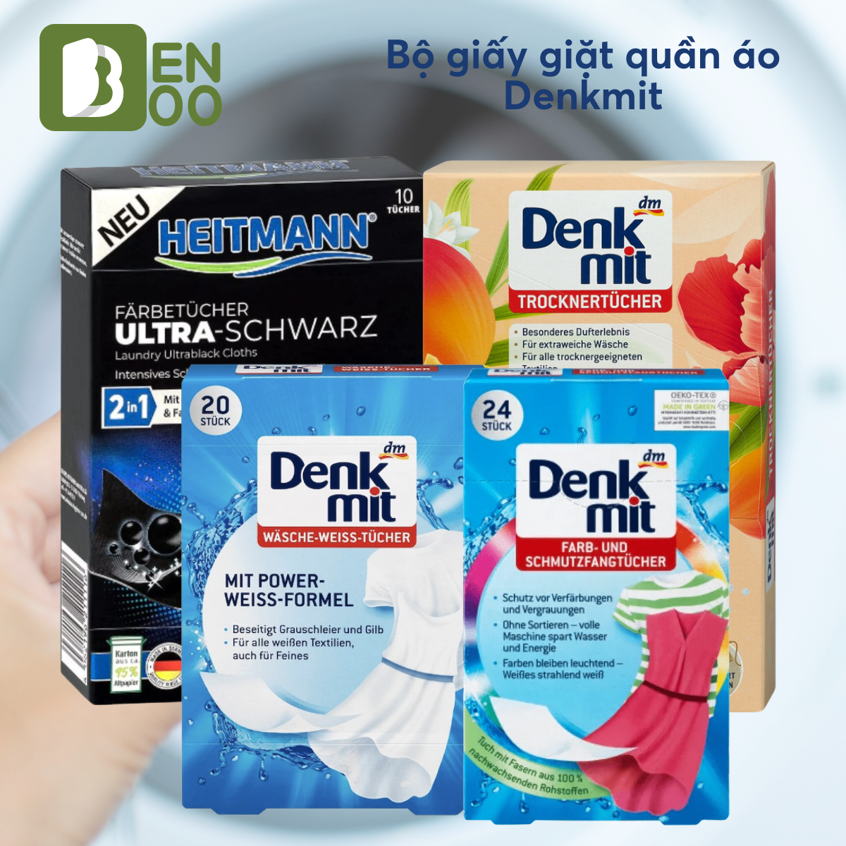 Bộ Giấy tẩy trắng, Giấy chống phai màu quần áo Denkmit, Giấy nhuộm đen Heitmann Đức - Sản phẩm nhập chính hãng từ Đức