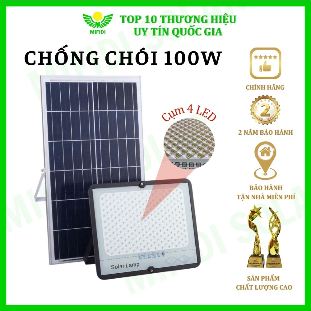 Đèn Năng Lượng Mặt Trời 100W Chống Chói Mifidi Vỏ Nhôm Cao Cấp, sáng trên 12h, Tấm pin To 45x35cm, Tặng kèm gói Bảo hành tận nhà miễn phí 24 Tháng