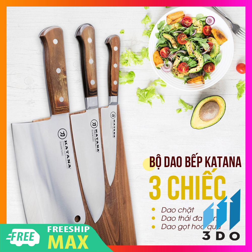 Bộ dao làm bếp 3 món KATANA ESSENTIAL - DAO CHẶT - DAO THÁI - DAO GỌT HOA QUẢ - KATASET001, 1 đổi 1 trong vòng 7 ngày, Bảo Hành Trọn Đời