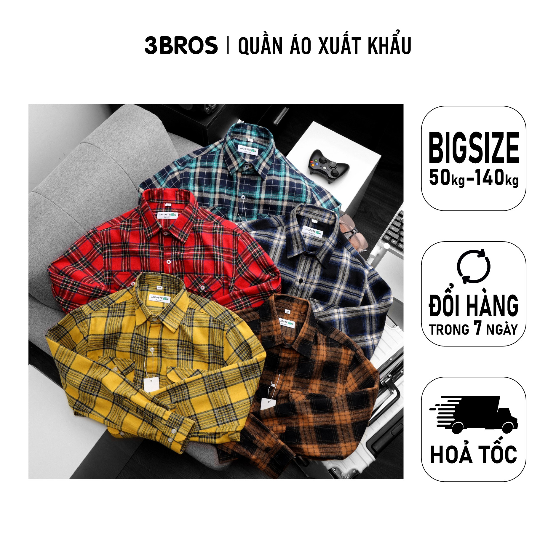 Áo sơ mi tay dài caro nam vải dạ form suông , sơ mi nam thu đông caro - 3bros