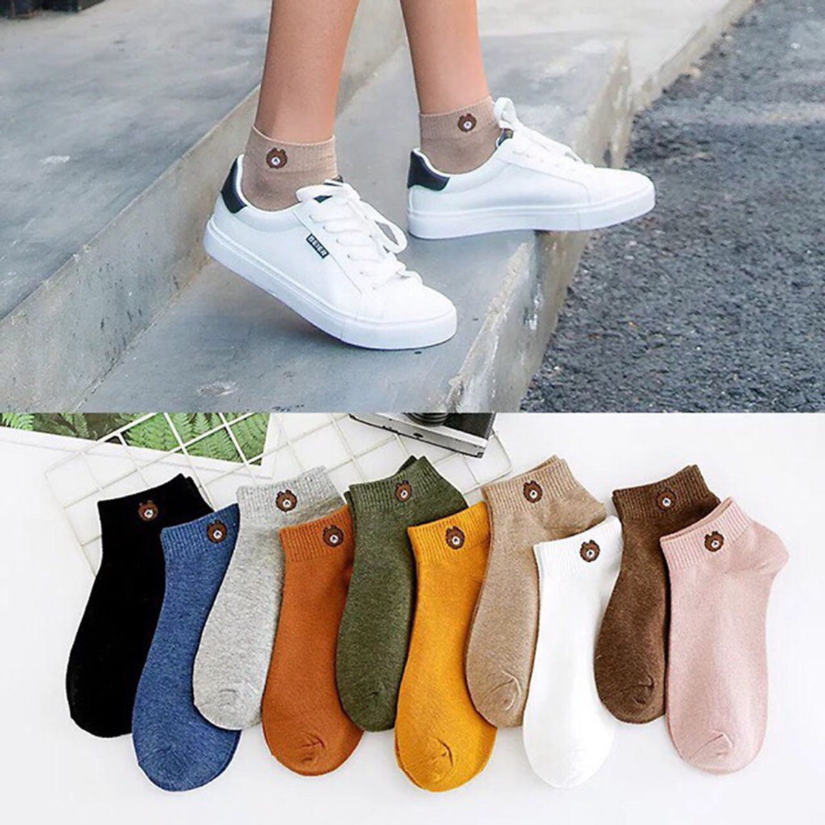 Combo 10 đôi vớ nữ cổ ngắn hình gấu nhiều màu