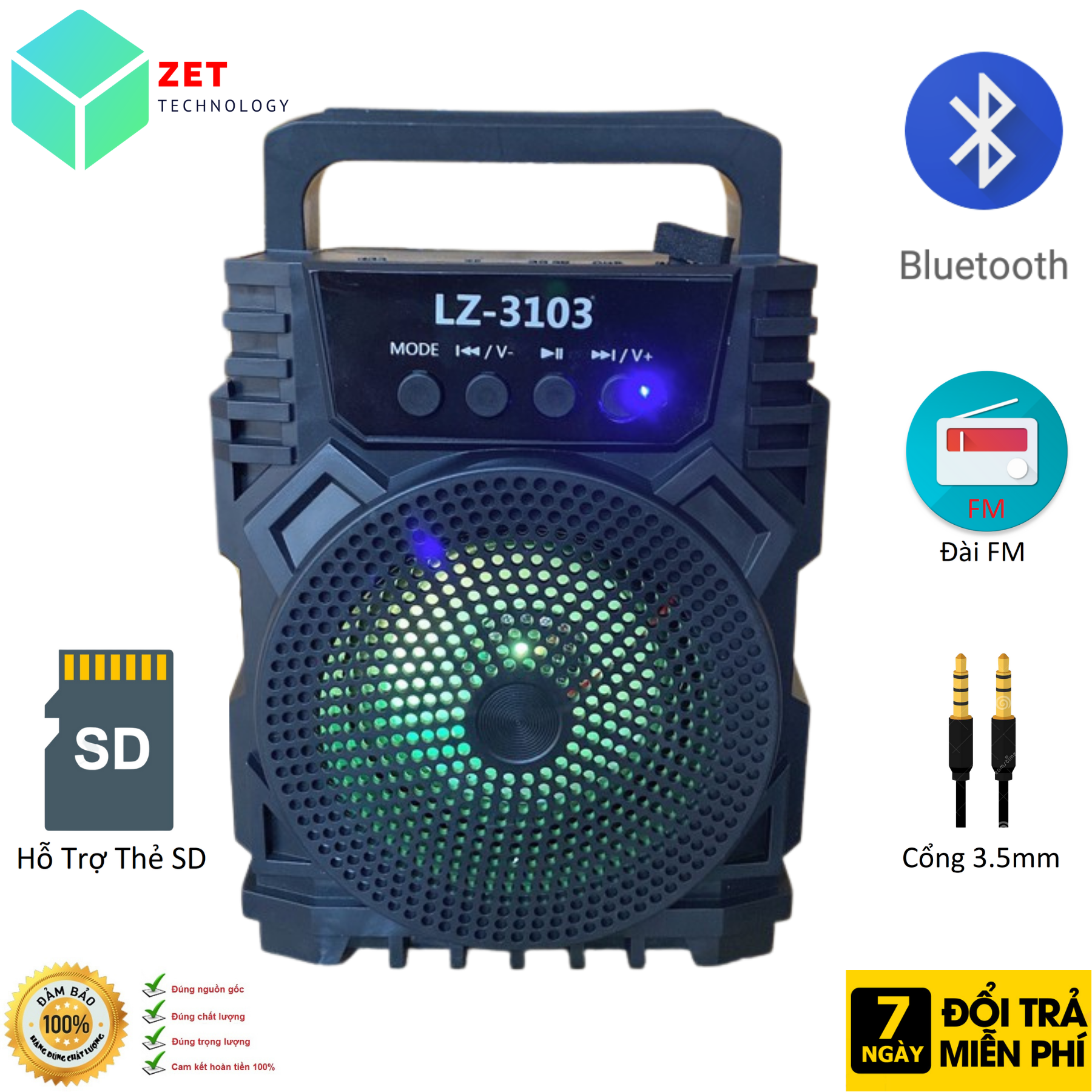 Loa Bluetooth không dây, loa di động xách tay mini nhỏ gọn Model Lz - 3103 Âm Thanh lớn , Âm Bass ấm, có đèn led màu .Dung Lượng Pin đến 4h sử dụng - Bảo hành 3 tháng tại ZET- ĐỒ CHƠI CÔNG NGHỆ SỐ GIÁ GỐC
