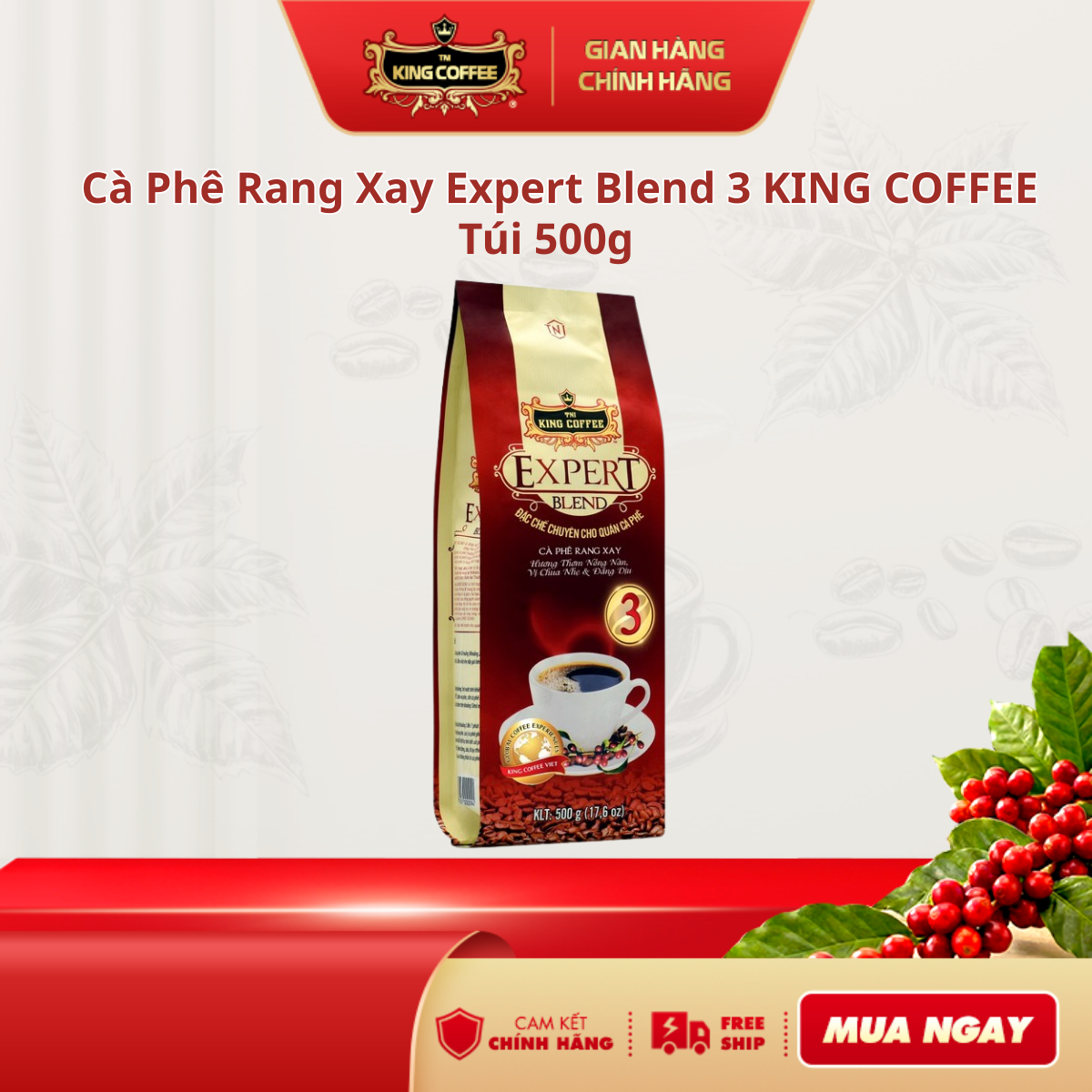 Expert Blend 3 King Coffee Roasted and Ground Coffee - 500g Bag - Special Product Exclusively for Cafes - Excellent Arabica Coffee from Cau Dat, Da Lat - Lightly Sour and Mildly Bitter Taste