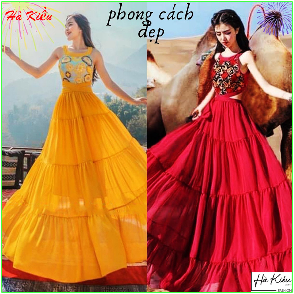 Đầm váy maxi nữ đi biển xòe tầng phối họa tiết hở lưng chụp hình sống ảo siêu xinh Hà Kiều MSP399 chất liệu Voon cao cấp mát mẻ thoải mái