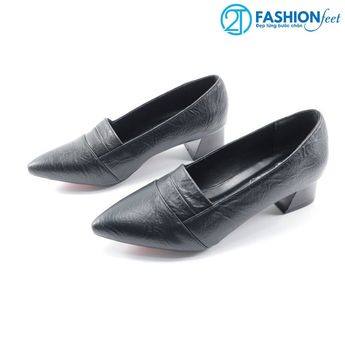 Giày cao gót da nhăn chính hãng 2tfashionfeet,thiết kế cách điệu mũi giày ôm chân, gót vuông 5 phân- ha28t3p