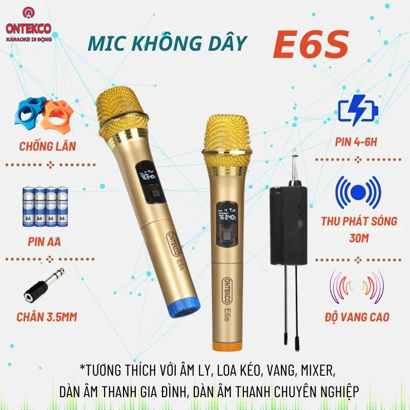micro karaoke gold không dây cao cấp ontekco e6,e6s , mu02 vàng , mu02 xanh đỏ mẫu mới tích hợp màn hình led chuyên nghiệp củ mic liền vỉ mạch xịn