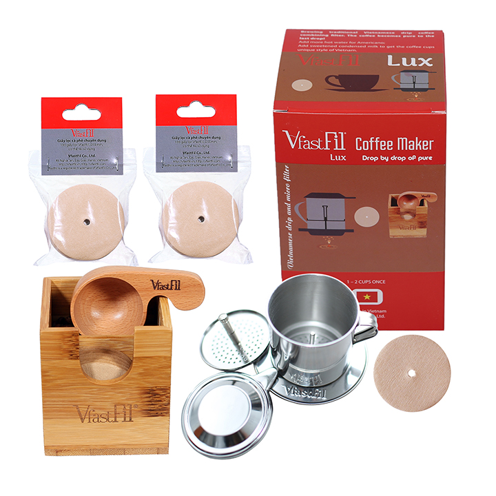 Bộ kit cafe phin VfastFil Lux, sử dụng giấy lọc cafe pha phin: Phin cafe inox cải tiến+200 giấy lọc cafe+Muỗng gỗ Lux đong 10g cafe+Hộp tre ép