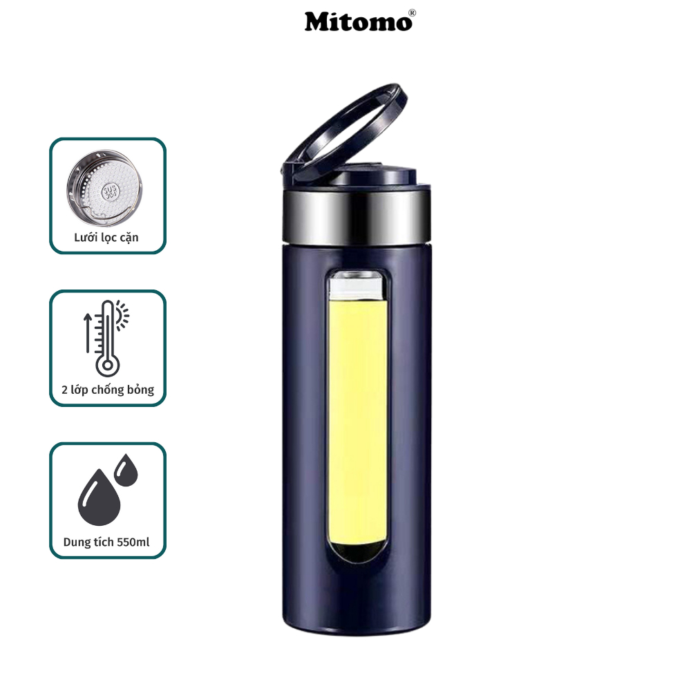 Bình pha trà thủy tinh cao cấp 2 lớp cách nhiệt Mitomo BGH-0509, 550ml có lõi inox lọc trà - Hàng chính hãng