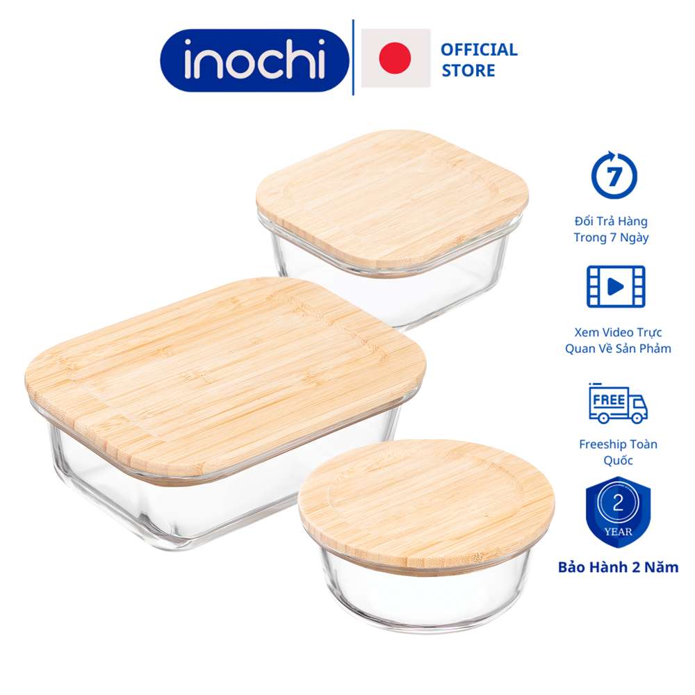 Hộp thủy tinh nắp tre - Hộp thực phẩm inochi - thố thủy tinh - hộp thực phẩm - bát thủy tinh